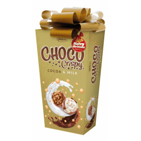 Pieninio ir balto šokolado saldainiai įdaryti kakavos ir pieniniu kremais bei traškučiais CHOCO CRISPY & MILK COCOA 180g